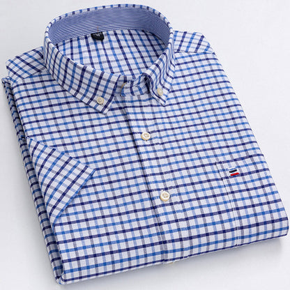 sanyamk Men&#39;s Oxford Short Sleeve Summer Casual Shirts Single Pocket Comfortable Standard-fit Button-down Plaid Striped Cotton Shirt