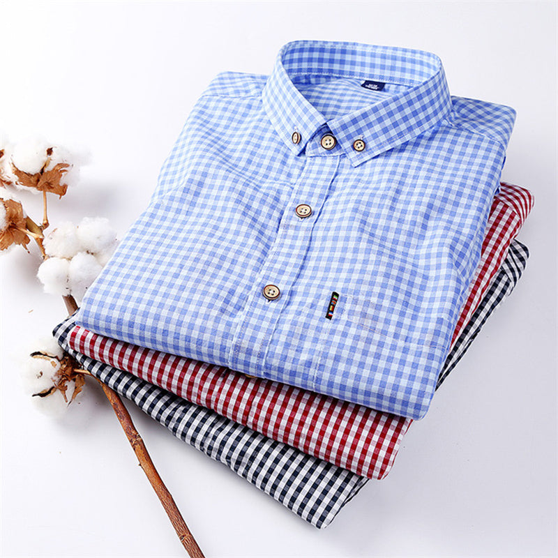 sanyamk Thin 100% Cotton Plaid Shirts for Men Long Sleeve Regular Fit Checkered Dress shirt Mens Blue New Soft Comfortable Male