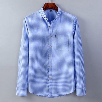 sanyamk Thin 100% Cotton Plaid Shirts for Men Long Sleeve Regular Fit Checkered Dress shirt Mens Blue New Soft Comfortable Male