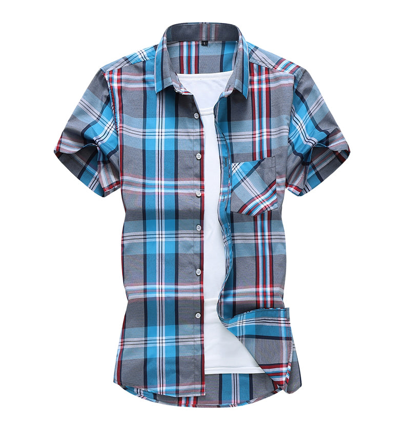 sanyamk New Fashion Plaid Shirt Men Summer Casual Short Sleeve Shirts Mens Plus Size Beach Hawaiian Tops Blouse Male 5XL 6XL 7XL