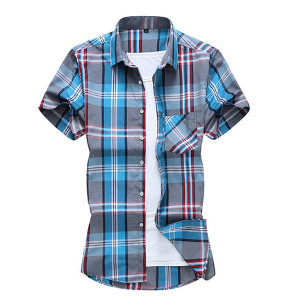 sanyamk New Fashion Plaid Shirt Men Summer Casual Short Sleeve Shirts Mens Plus Size Beach Hawaiian Tops Blouse Male 5XL 6XL 7XL