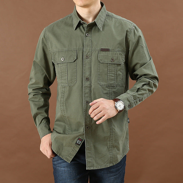 sanyamk Pure Cotton Casual Shirt Men Oversize Loose Long Sleeve Cargo Shirts Men&#39;s Clothing High Quality Solid Tooling Shirt 6XL AF1388