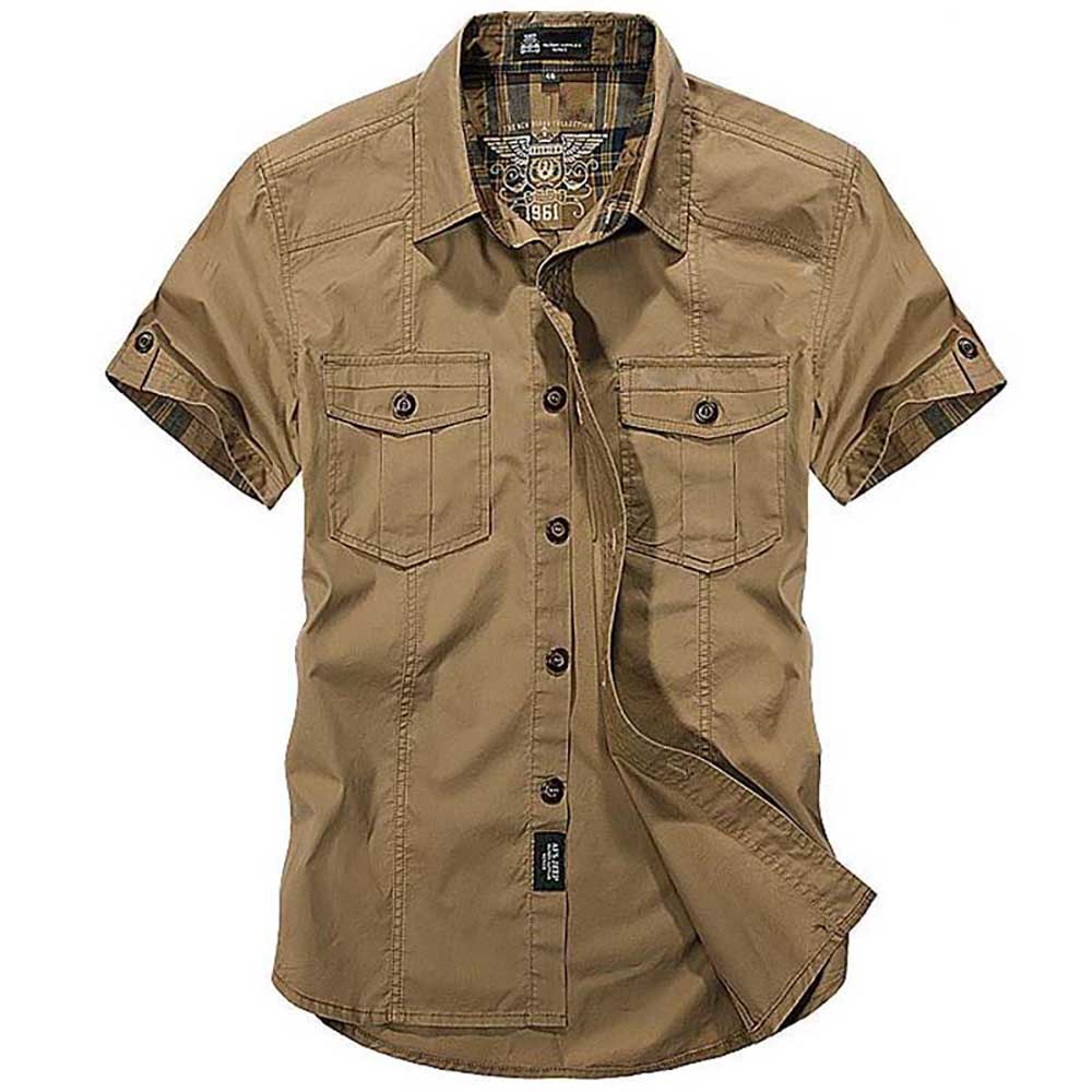 sanyamk Fashion Cotton Casual Shirts Summer Men Plus Size Loose Baggy Shirts Short Sleeve Turn-down Collar Military Style Male Clothing