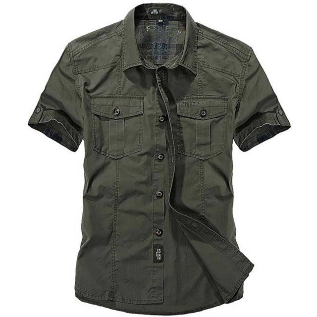 sanyamk Fashion Cotton Casual Shirts Summer Men Plus Size Loose Baggy Shirts Short Sleeve Turn-down Collar Military Style Male Clothing