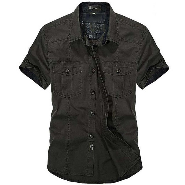 sanyamk Fashion Cotton Casual Shirts Summer Men Plus Size Loose Baggy Shirts Short Sleeve Turn-down Collar Military Style Male Clothing