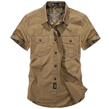 sanyamk Fashion Cotton Casual Shirts Summer Men Plus Size Loose Baggy Shirts Short Sleeve Turn-down Collar Military Style Male Clothing