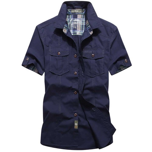 sanyamk Fashion Cotton Casual Shirts Summer Men Plus Size Loose Baggy Shirts Short Sleeve Turn-down Collar Military Style Male Clothing