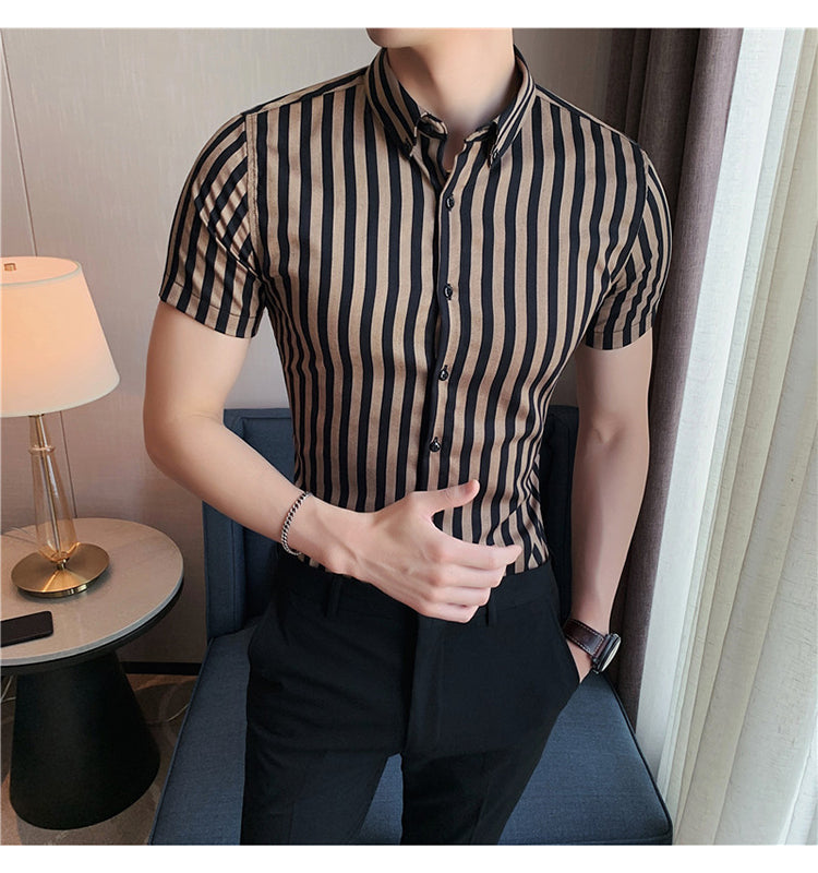 sanyamk High Quality Summer Short Sleeve Striped Shirts For Men Clothing 2022 Simple Luxury Slim Fit Business Casual Formal Wear Blouses