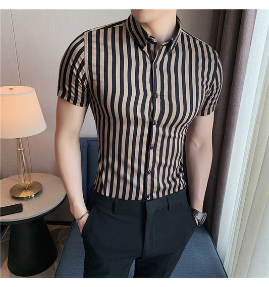 sanyamk High Quality Summer Short Sleeve Striped Shirts For Men Clothing 2022 Simple Luxury Slim Fit Business Casual Formal Wear Blouses