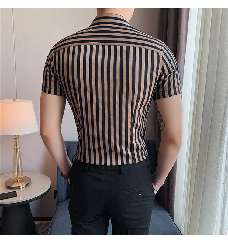 sanyamk High Quality Summer Short Sleeve Striped Shirts For Men Clothing 2022 Simple Luxury Slim Fit Business Casual Formal Wear Blouses