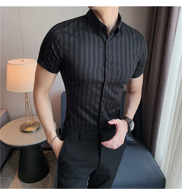 sanyamk High Quality Summer Short Sleeve Striped Shirts For Men Clothing 2022 Simple Luxury Slim Fit Business Casual Formal Wear Blouses