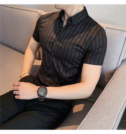 sanyamk High Quality Summer Short Sleeve Striped Shirts For Men Clothing 2022 Simple Luxury Slim Fit Business Casual Formal Wear Blouses