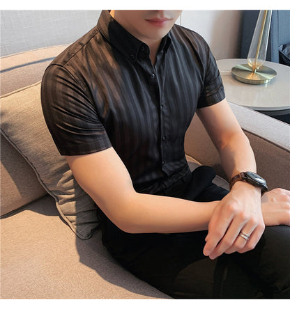 sanyamk High Quality Summer Short Sleeve Striped Shirts For Men Clothing 2022 Simple Luxury Slim Fit Business Casual Formal Wear Blouses