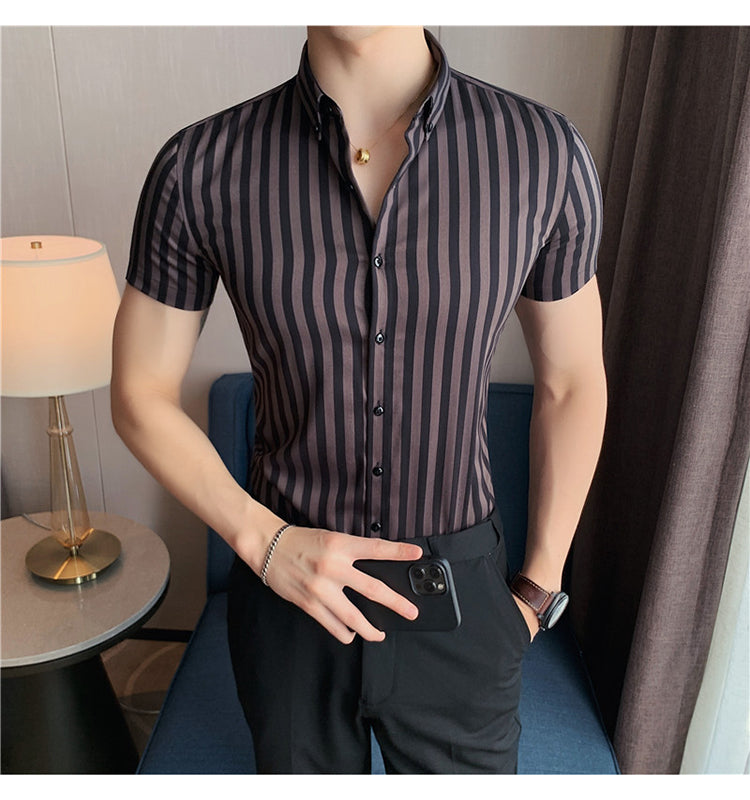 sanyamk High Quality Summer Short Sleeve Striped Shirts For Men Clothing 2022 Simple Luxury Slim Fit Business Casual Formal Wear Blouses