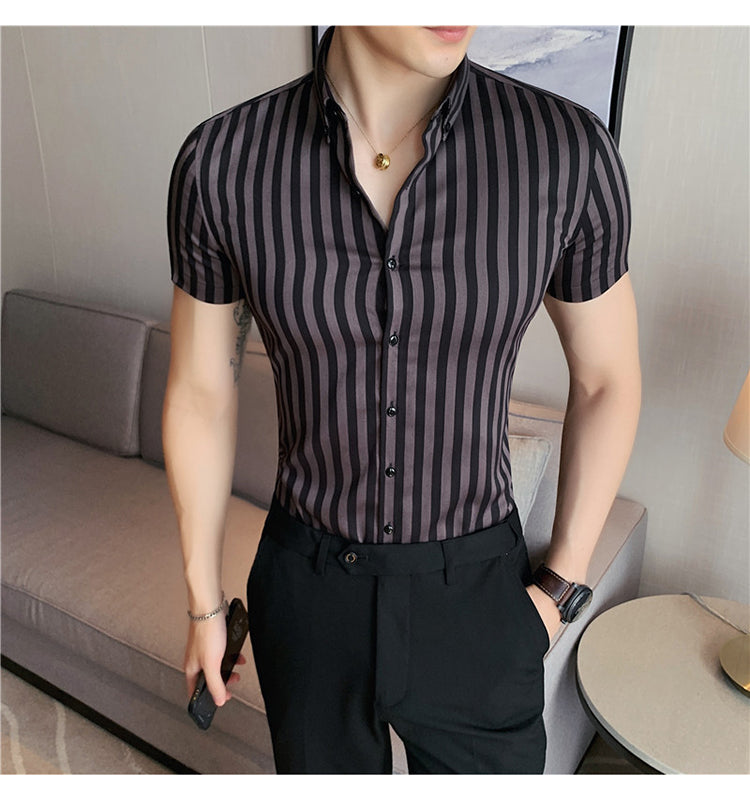 sanyamk High Quality Summer Short Sleeve Striped Shirts For Men Clothing 2022 Simple Luxury Slim Fit Business Casual Formal Wear Blouses