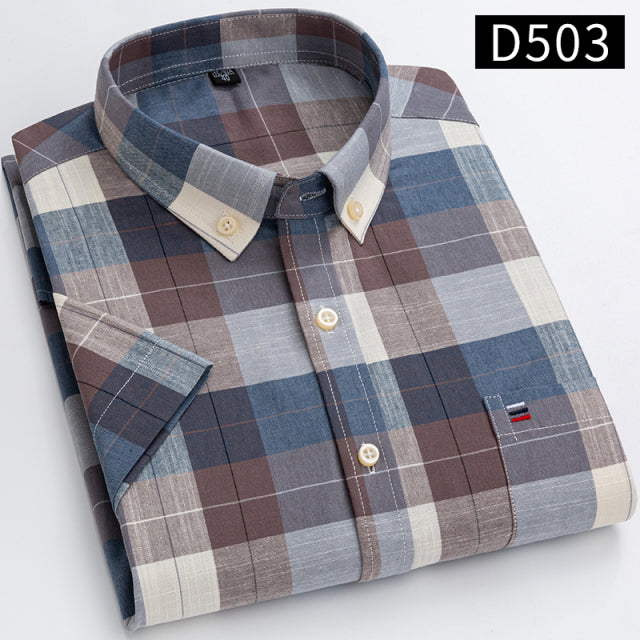 sanyamk S~7xl Cotton Shirts for Men Short Sleeve Summer  Plus Size Plaid Shirt Striped Male Shirt Business Casual White New Regular Fit