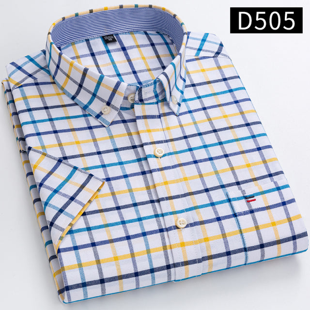 sanyamk S~7xl Cotton Shirts for Men Short Sleeve Summer  Plus Size Plaid Shirt Striped Male Shirt Business Casual White New Regular Fit