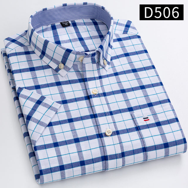 sanyamk S~7xl Cotton Shirts for Men Short Sleeve Summer  Plus Size Plaid Shirt Striped Male Shirt Business Casual White New Regular Fit