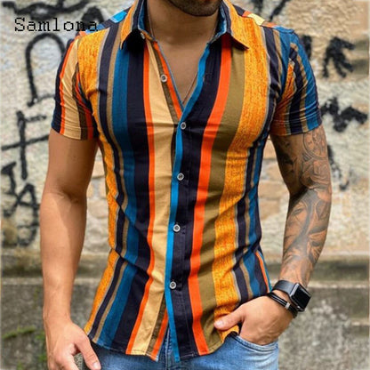 sanyamk Men Skinny Tops Model Shirt Short Sleeve Patchwork Stripe Blouse Single-Breasted Summer Casual Shirt Sexy Mens clothing