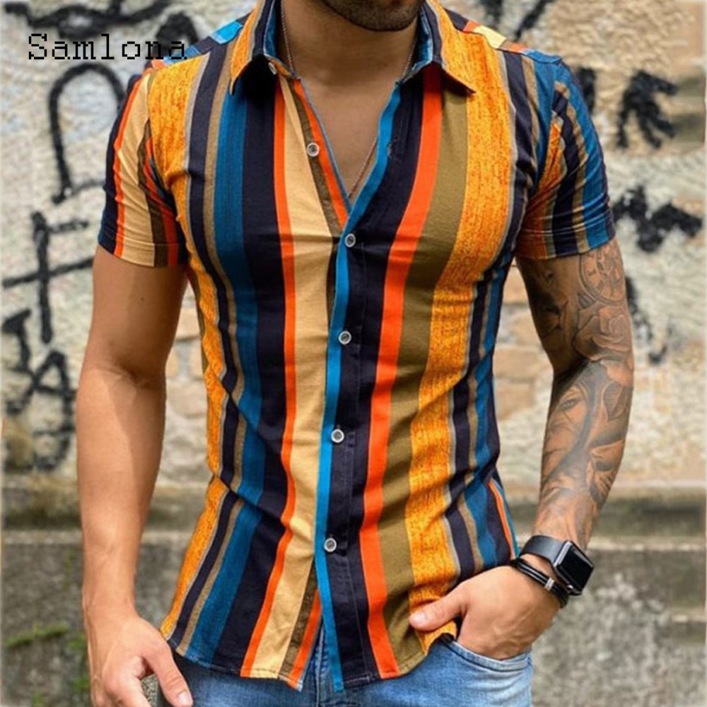 sanyamk Men Skinny Tops Model Shirt 2022 Short Sleeve Patchwork Stripe Blouse Single-Breasted Summer Casual Shirt Sexy Mens clothing