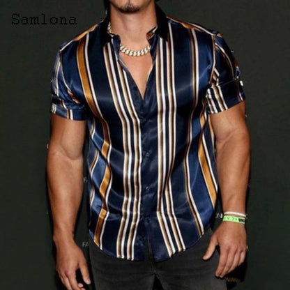 sanyamk Men Skinny Tops Model Shirt 2022 Short Sleeve Patchwork Stripe Blouse Single-Breasted Summer Casual Shirt Sexy Mens clothing