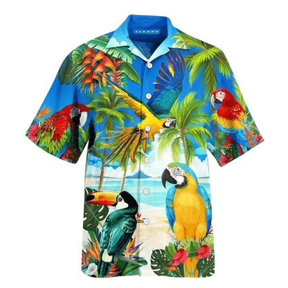 sanyamk Animal Parrot Print Patchwork Fashion Hawaiian Men Shirt Cool Turn Down Collar Short Sleeve Streetwear Beach Summer Chic 2021 3