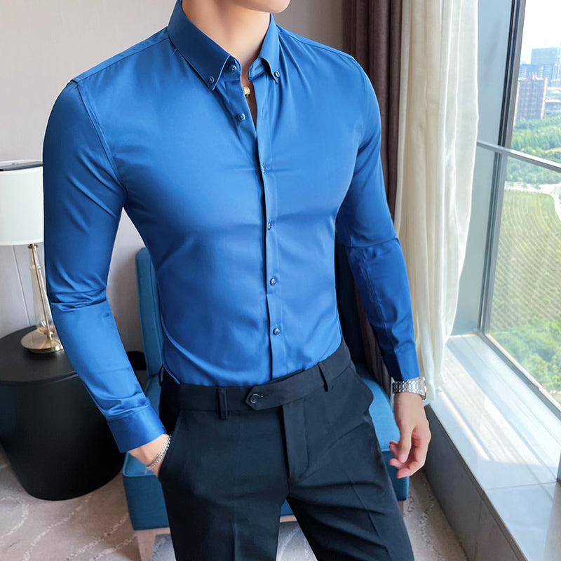 sanyamk Plus Size 5XL-M British Style Solid Long Sleeve Shirt Men Clothing Simple Slim Fit Business Casual Chemise Homme Formal Wear Hot