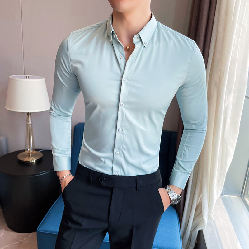 sanyamk Plus Size 5XL-M British Style Solid Long Sleeve Shirt Men Clothing Simple Slim Fit Business Casual Chemise Homme Formal Wear Hot