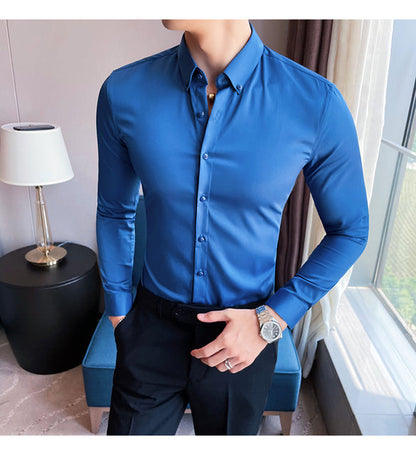 sanyamk Plus Size 5XL-M British Style Solid Long Sleeve Shirt Men Clothing Simple Slim Fit Business Casual Chemise Homme Formal Wear Hot