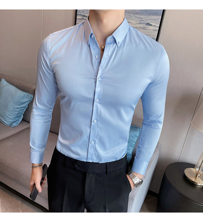 sanyamk Plus Size 5XL-M British Style Solid Long Sleeve Shirt Men Clothing Simple Slim Fit Business Casual Chemise Homme Formal Wear Hot