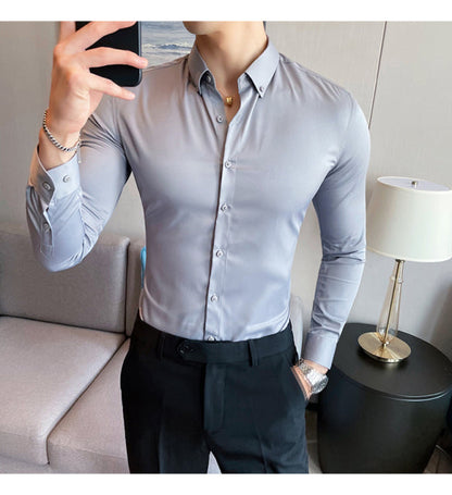 sanyamk Plus Size 5XL-M British Style Solid Long Sleeve Shirt Men Clothing Simple Slim Fit Business Casual Chemise Homme Formal Wear Hot