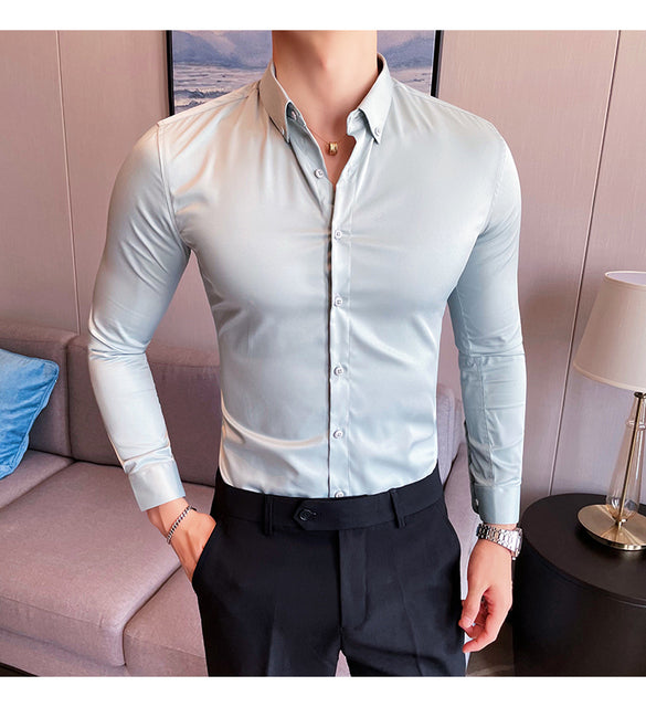 sanyamk Plus Size 5XL-M British Style Solid Long Sleeve Shirt Men Clothing Simple Slim Fit Business Casual Chemise Homme Formal Wear Hot