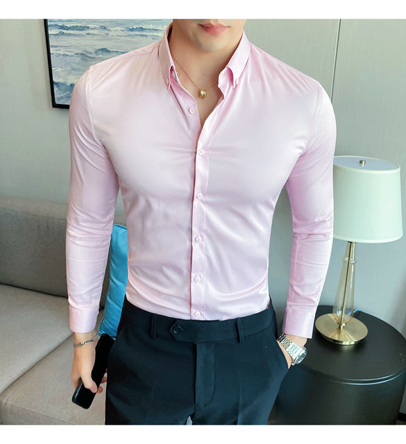 sanyamk Plus Size 5XL-M British Style Solid Long Sleeve Shirt Men Clothing Simple Slim Fit Business Casual Chemise Homme Formal Wear Hot