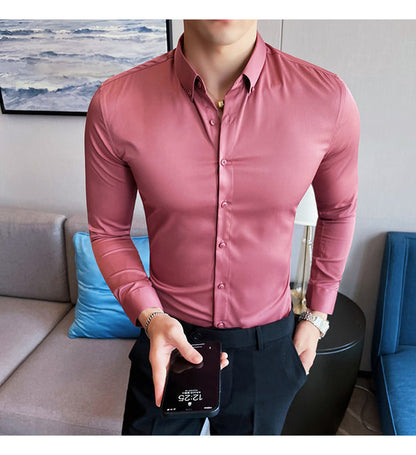 sanyamk Plus Size 5XL-M British Style Solid Long Sleeve Shirt Men Clothing Simple Slim Fit Business Casual Chemise Homme Formal Wear Hot