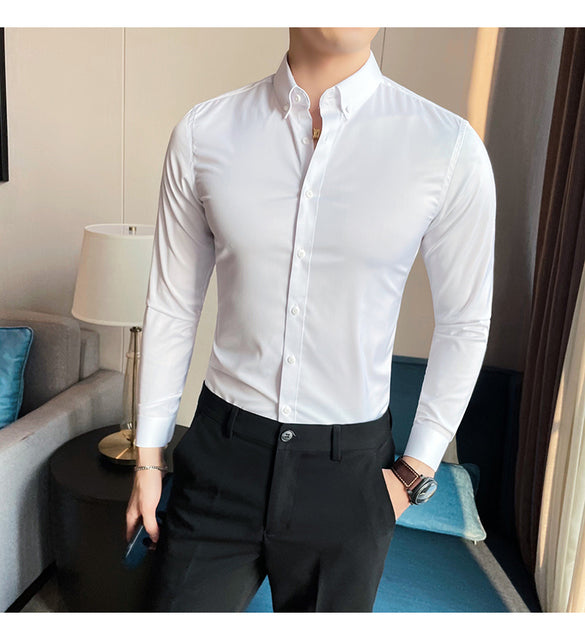 sanyamk Plus Size 5XL-M British Style Solid Long Sleeve Shirt Men Clothing Simple Slim Fit Business Casual Chemise Homme Formal Wear Hot