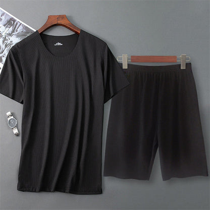 sanyamk Men&#39;s Sets Short Sleeve Shorts Pajamas Summer Ice Silk Sleepwear Threaded Seamless Short-sleeved T-shirt Man Casual Home Clothes