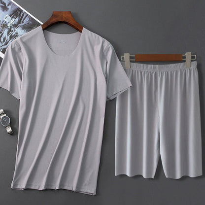 sanyamk Men&#39;s Sets Short Sleeve Shorts Pajamas Summer Ice Silk Sleepwear Threaded Seamless Short-sleeved T-shirt Man Casual Home Clothes