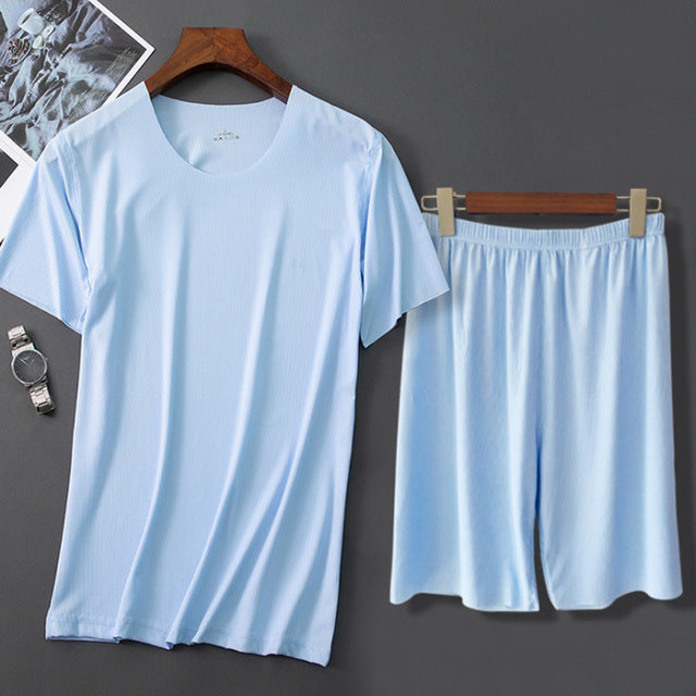 sanyamk Men&#39;s Sets Short Sleeve Shorts Pajamas Summer Ice Silk Sleepwear Threaded Seamless Short-sleeved T-shirt Man Casual Home Clothes