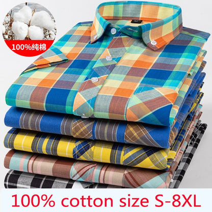 sanyamk New Arrival Fashion Super Large Summer 100% Cotton Plaid Young Men Summer Short Sleeve Casual Shirts Plus Size S-5XL 6XL 7XL 8XL