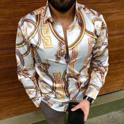 sanyamk New printing Shirt Luxury Gold Yellow Leopard Clothing Men Loose Long Sleeve Chemise Tops Homme Social Men Club Prom Shirt M-3XL