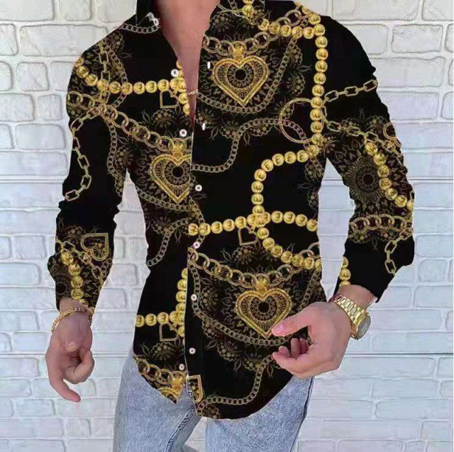 sanyamk New printing Shirt Luxury Gold Yellow Leopard Clothing Men Loose Long Sleeve Chemise Tops Homme Social Men Club Prom Shirt M-3XL