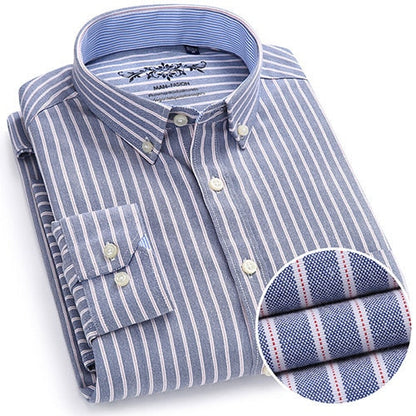 sanyamk Men&#39;s Button Down Casual Durable Oxford Shirt Single Patch Pocket Spring Autumn Long Sleeve Standard-fit Striped Plaid Shirts