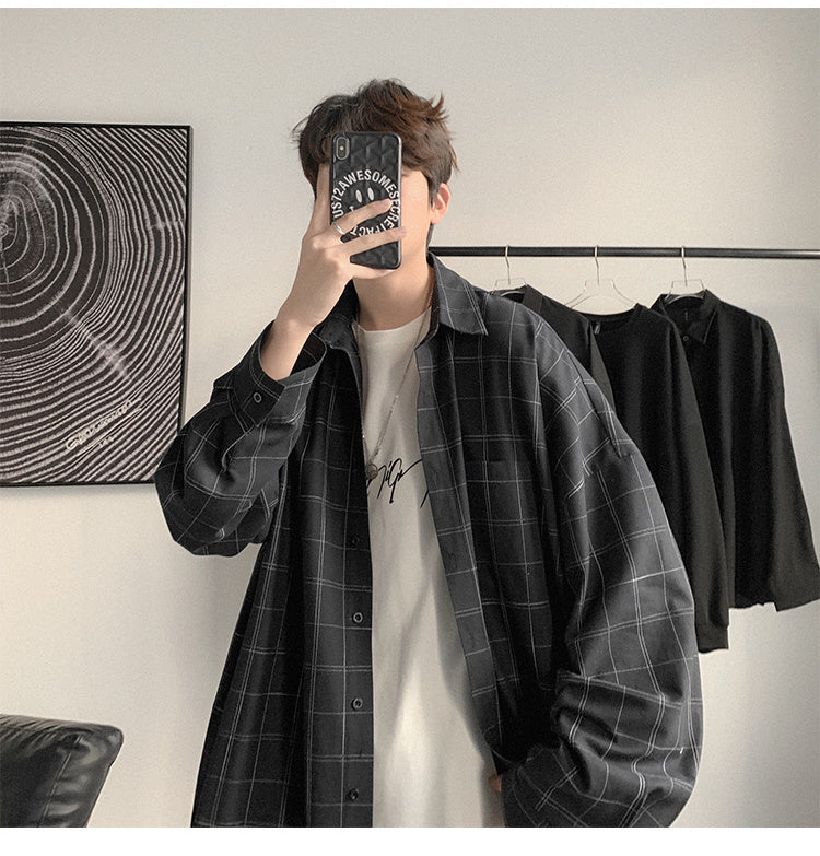 sanyamk Plaid Shirt Men&#39;s fashion brand ins casual versatile shirt Korean fashion coat handsome clothes 2021