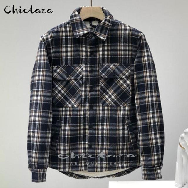 sanyamk Plaid Jacket Men&#39;s Autumn Winter Casual Fleece Warm Slim Fit Shirt Coats Male