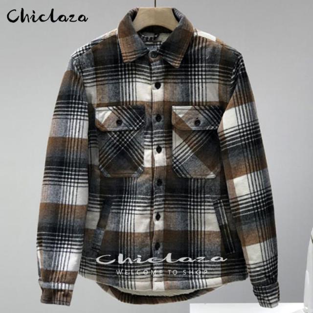 sanyamk Plaid Jacket Men&#39;s Autumn Winter Casual Fleece Warm Slim Fit Shirt Coats Male