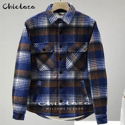 sanyamk Plaid Jacket Men&#39;s Autumn Winter Casual Fleece Warm Slim Fit Shirt Coats Male