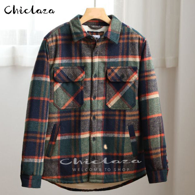 sanyamk Plaid Jacket Men&#39;s Autumn Winter Casual Fleece Warm Slim Fit Shirt Coats Male