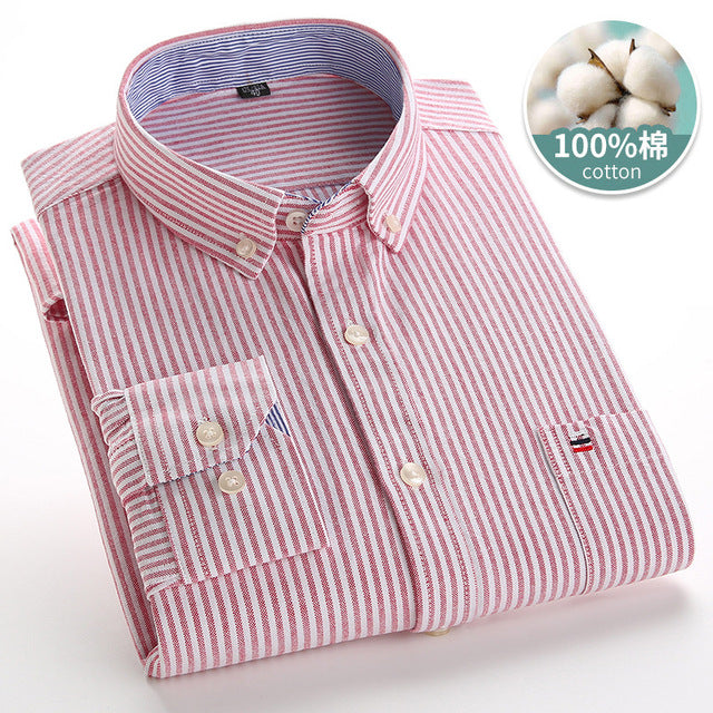 sanyamk Mens Striped Shirts 100% Cotton Oxford Long Sleeve Plaid Solid Color Casual Shirts for Business Men Daily Use Camisas Hombre