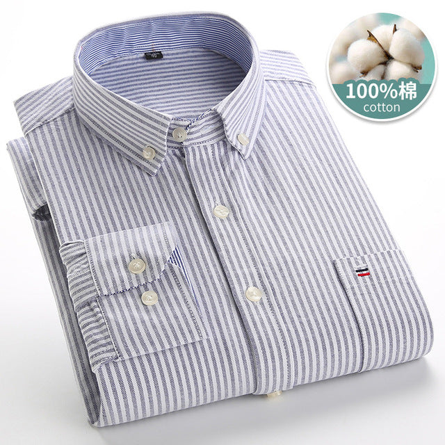 sanyamk Mens Striped Shirts 100% Cotton Oxford Long Sleeve Plaid Solid Color Casual Shirts for Business Men Daily Use Camisas Hombre