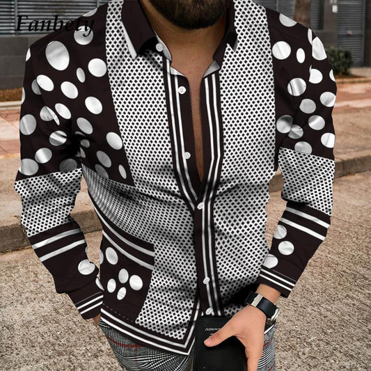 sanyamk Vintage Print Loose Button Cardigan Shirts For Mens Casual Long Sleeve Shirt Men Streetwear Autumn Fashion Turn-down Collar Top